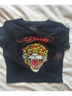 Ed Hardy Tiger Graphic T-Shirt Black Rhinestone Tattoo Y2K Tee Size L